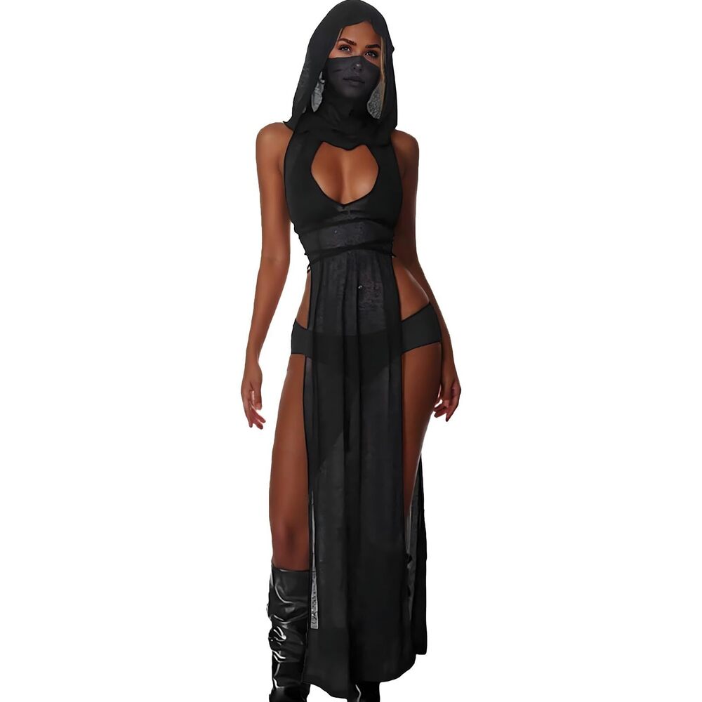 8743 Rave Outfits Sexy Halloween Costume Black Mock Neck Sleeveless High